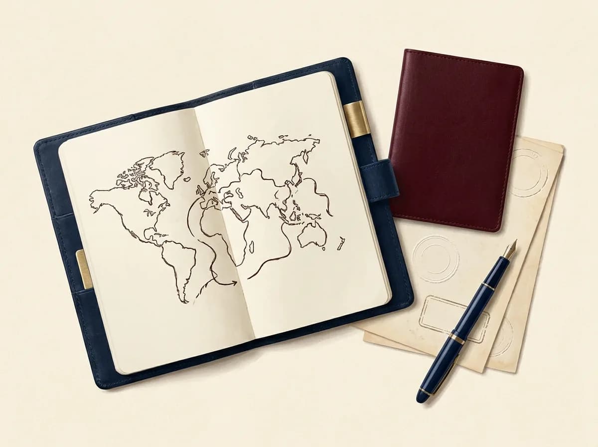 Caderno com mapa de rota, passaporte e documentos